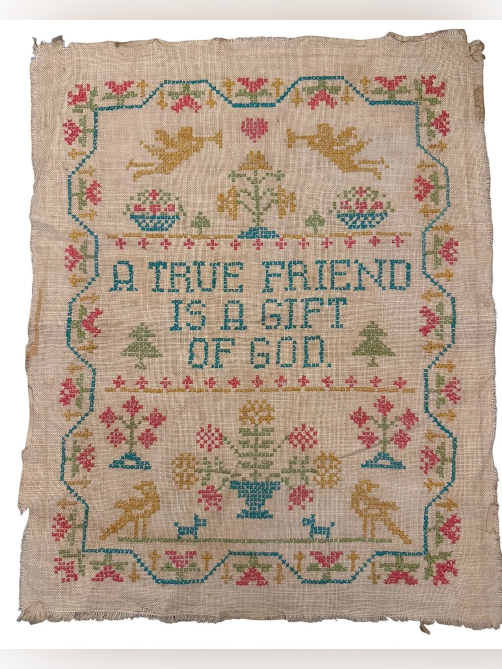 Vintage Hand Stitched Cross Stitch Sampler Folk Art Motto Linen Embroidery Decor